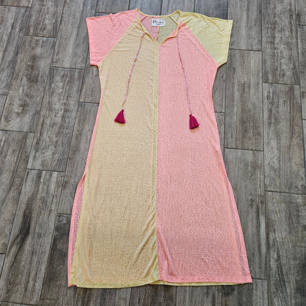 Pitusa Two Tone Maxi Dress Size Standard Cover Up Pink Yellow Leopard Colorblock